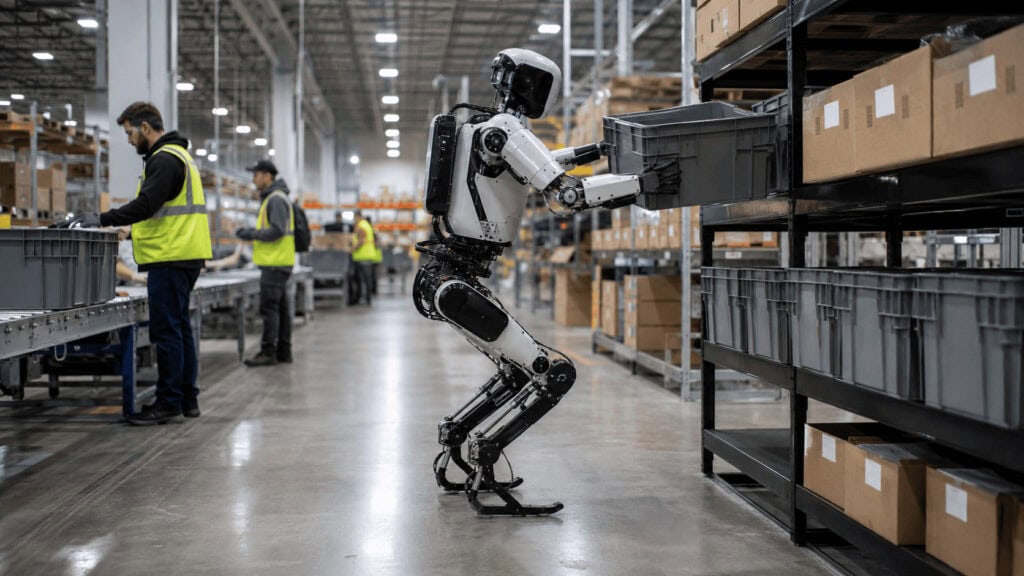 Agility Robotics Digit humanoid robot moving plastic totes on a warehouse conveyor line alongside human workers
