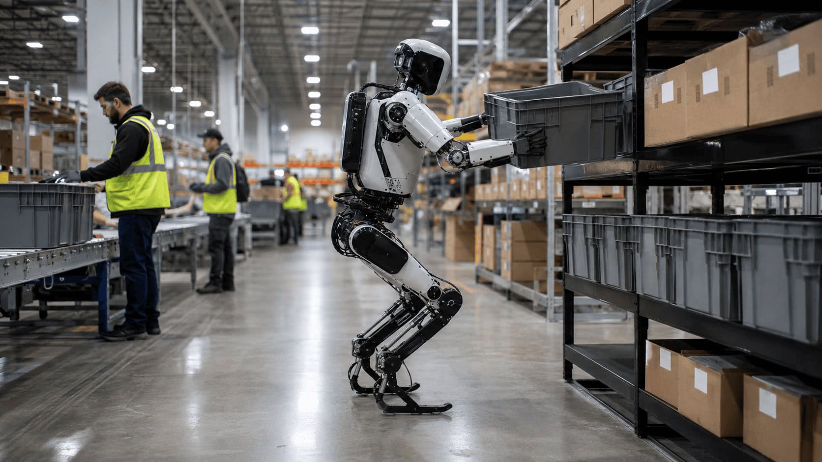 Agility Robotics Digit humanoid robot moving plastic totes on a warehouse conveyor line alongside human workers