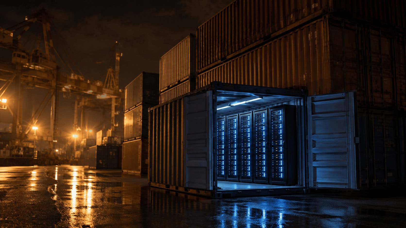 Shipping containers stacked at a night port with a lit server rack visible inside one open container, evoking AI model access as a sourced commodity
