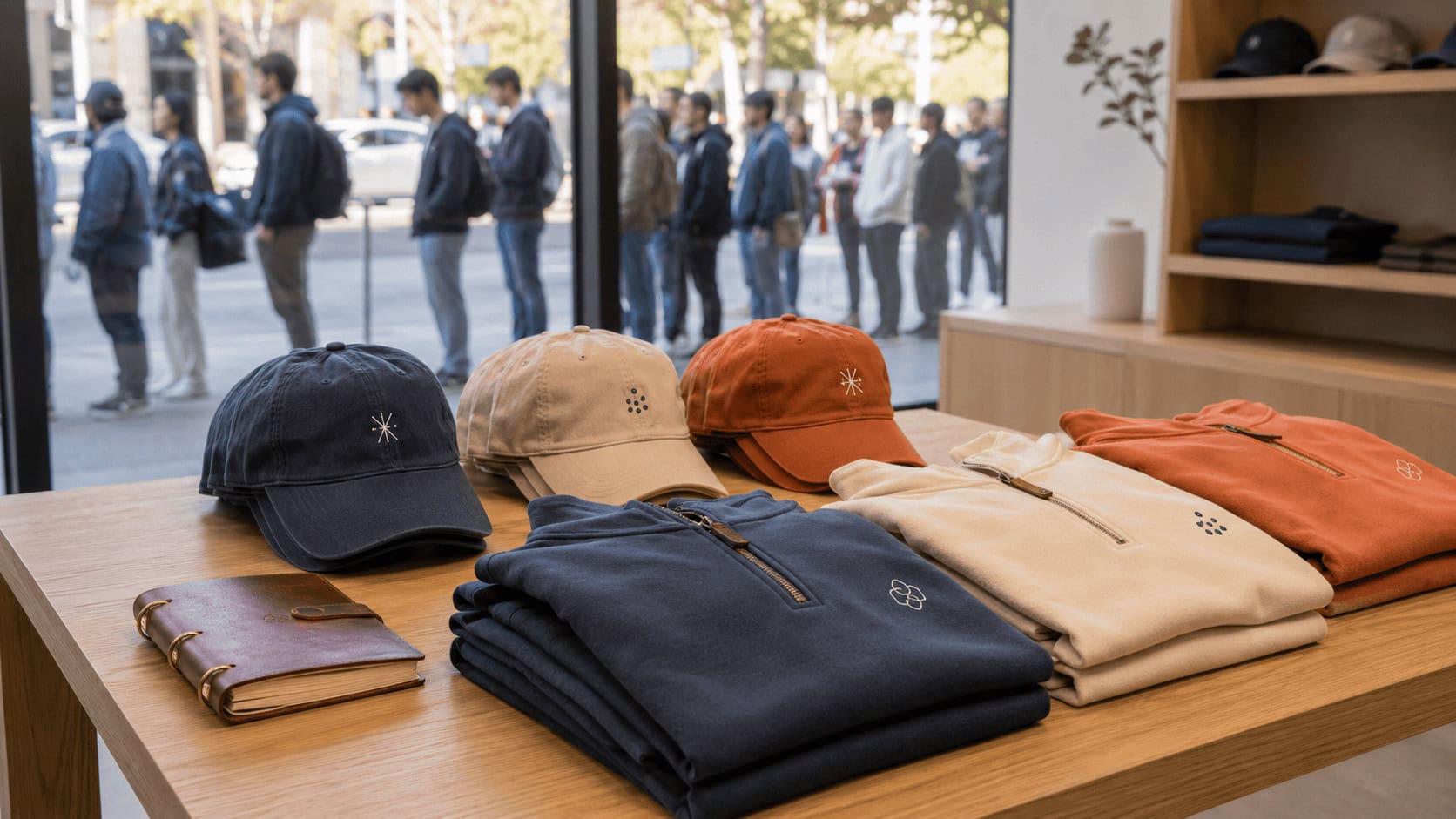 Folded stacks of premium branded caps and half-zip sweatshirts on a light oak table inside a minimalist tech pop-up shop, with a queue of people visible through the storefront window.