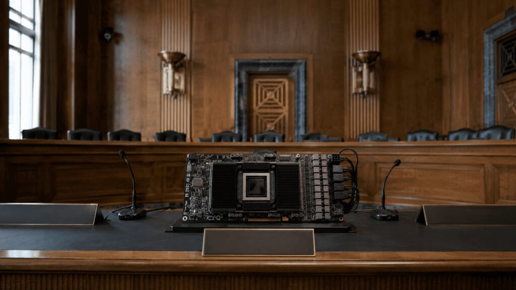 A U.S. Senate hearing room with an empty witness table and microphones, and a large exposed A.I. accelerator board sitting in the witness chair facing an empty committee dais.