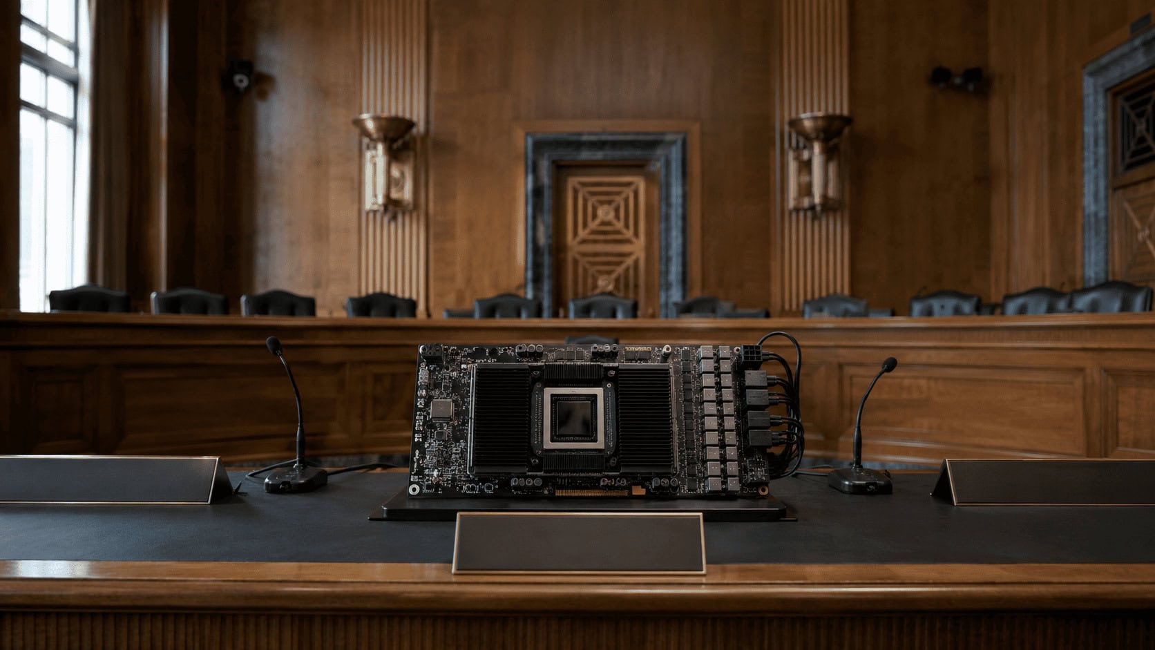 A U.S. Senate hearing room with an empty witness table and microphones, and a large exposed A.I. accelerator board sitting in the witness chair facing an empty committee dais.