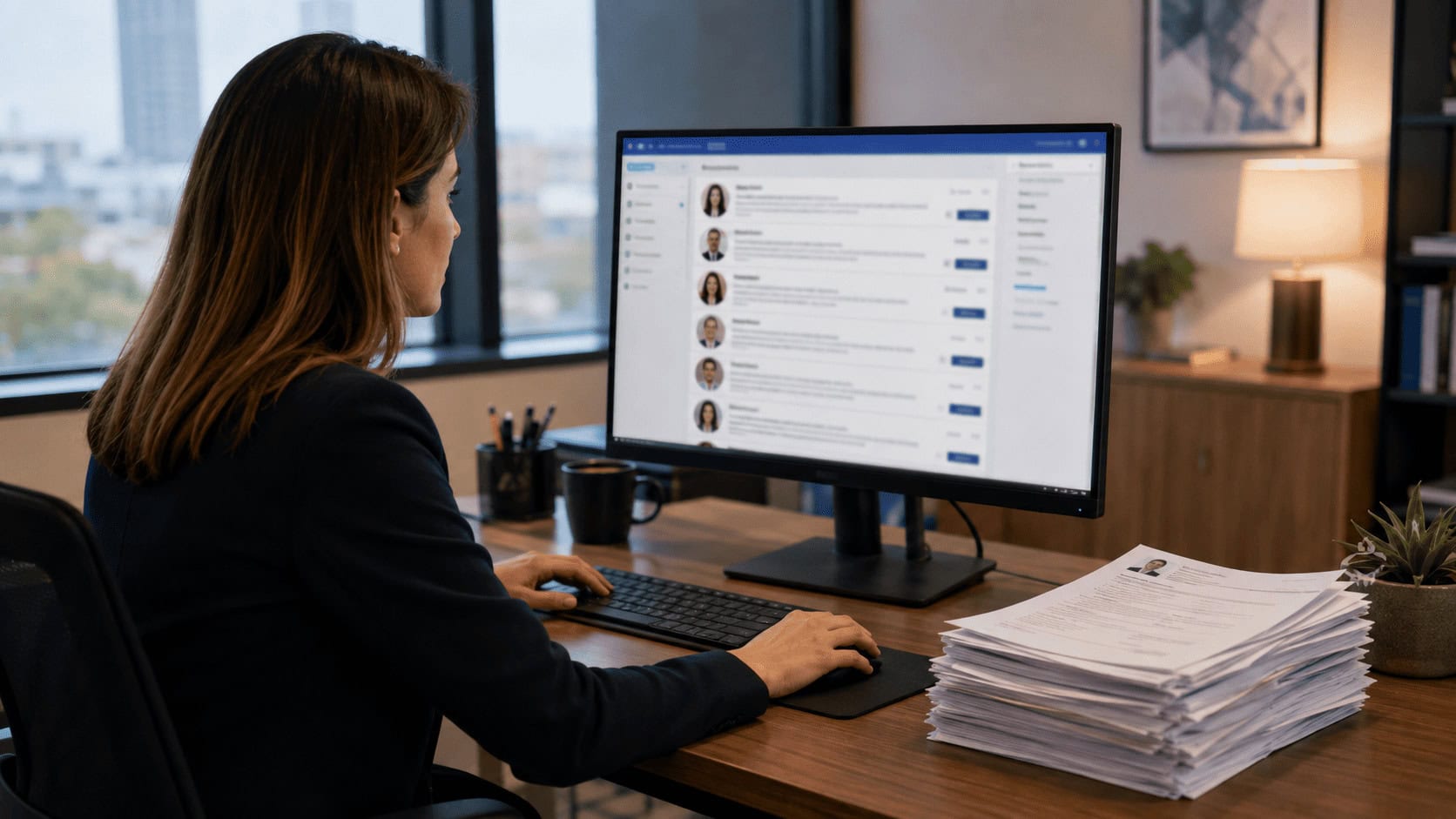 Recruiter at a desk reviewing a stack of near-identical printed résumés on a monitor showing a LinkedIn-style applicant list