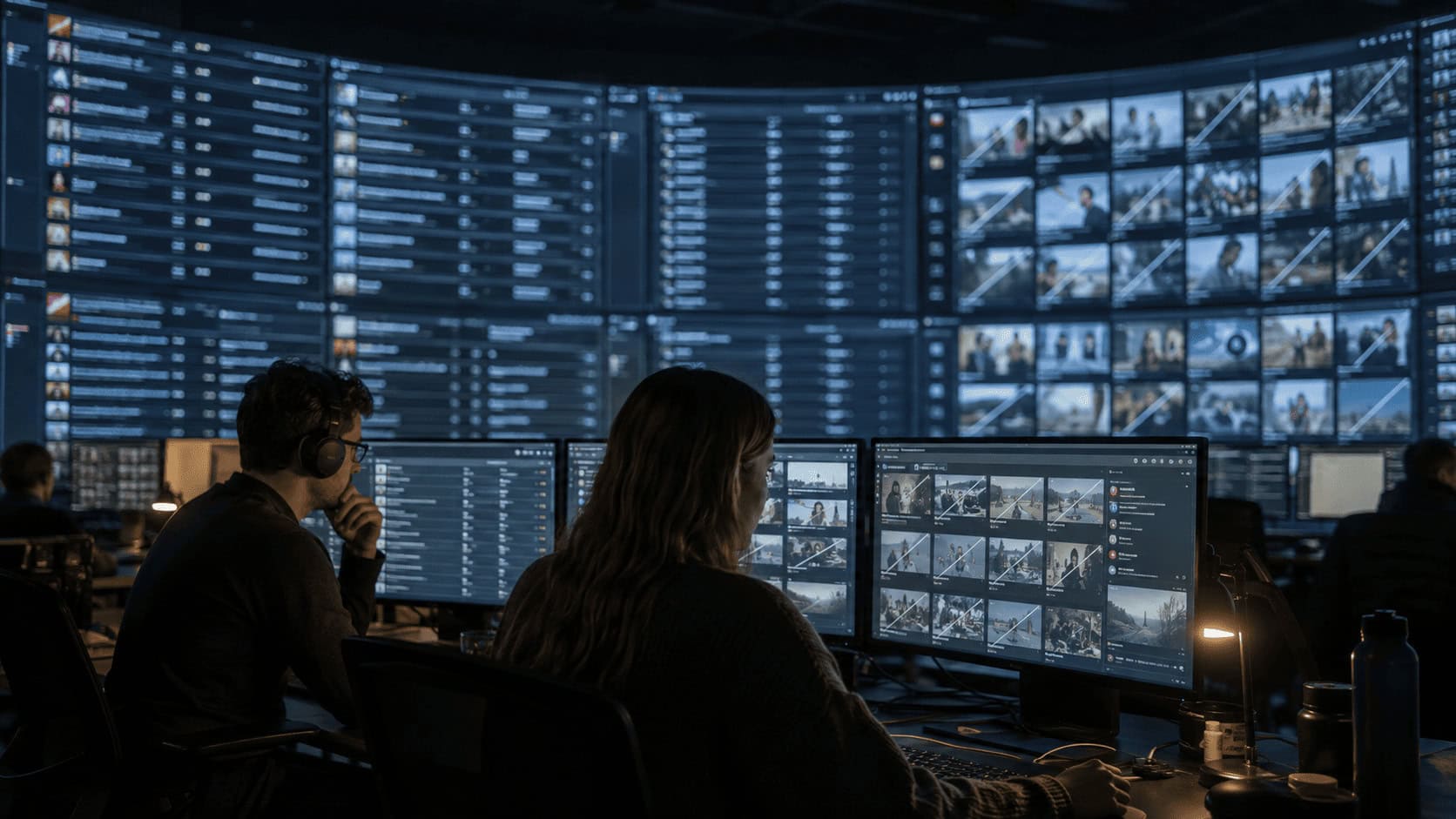 Trust and safety operations room at a streaming company with wall monitors showing music track rows and video thumbnails flagged for removal