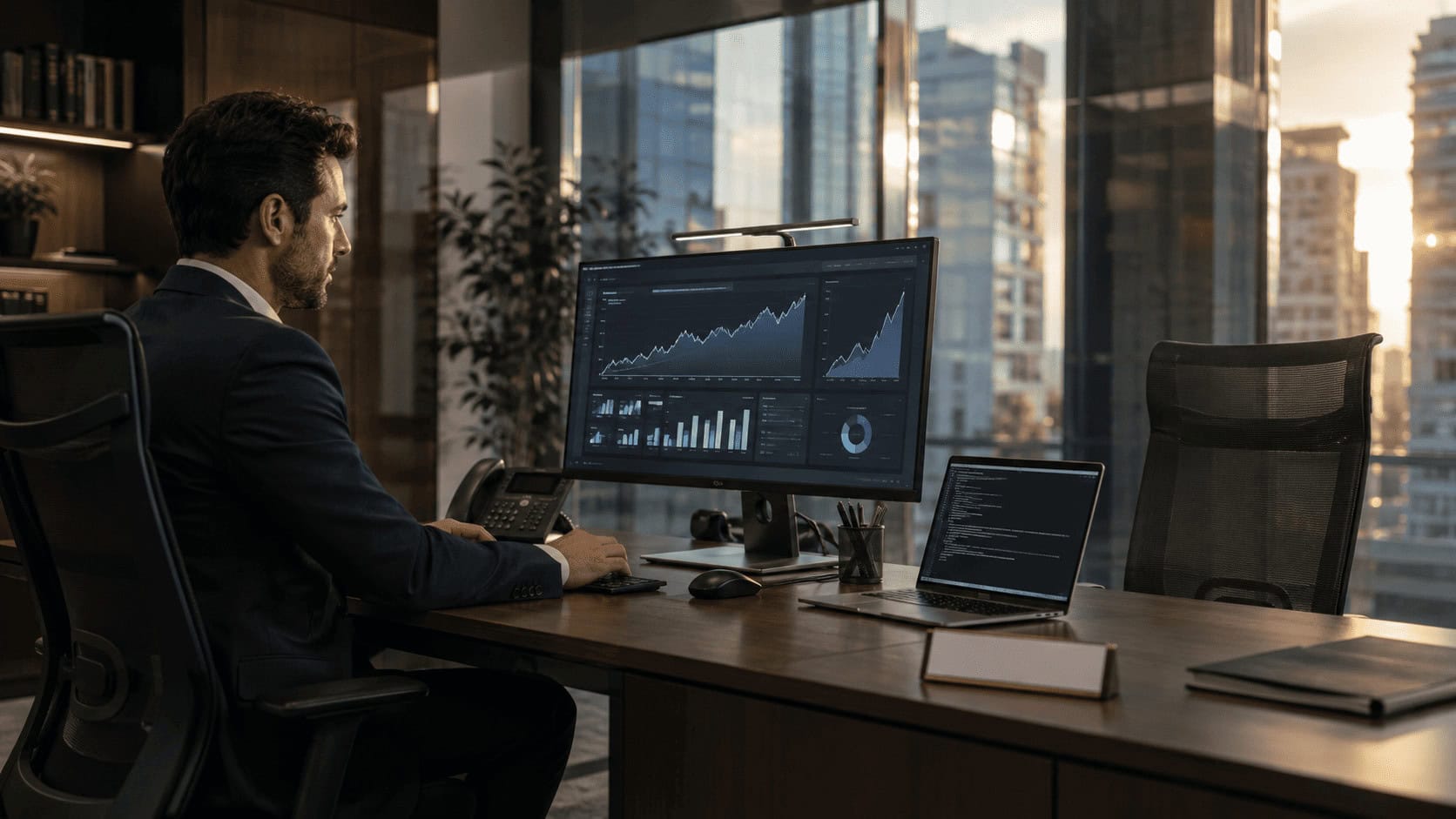 Finance manager reviewing a rising AI cost dashboard beside an empty desk staged as an AI agent "employee"