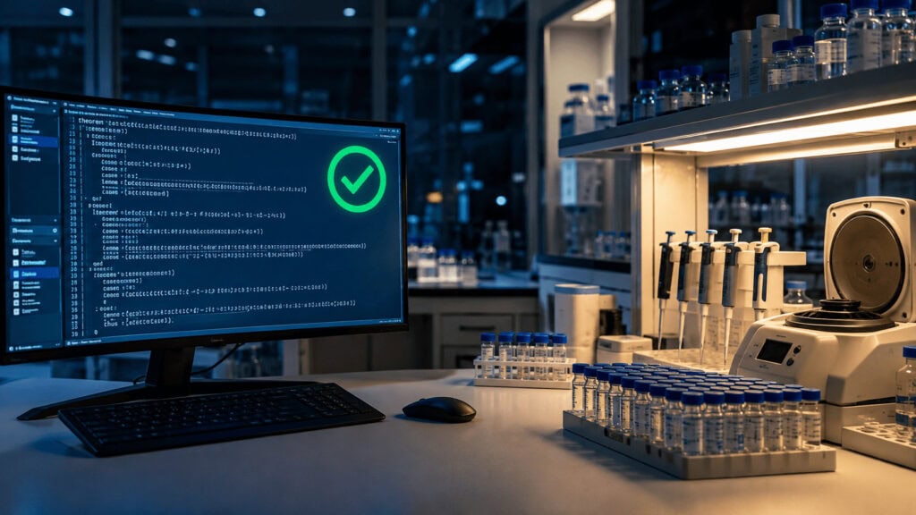 A split research bench showing a screen with a verified mathematical proof beside untouched laboratory vials and equipment.