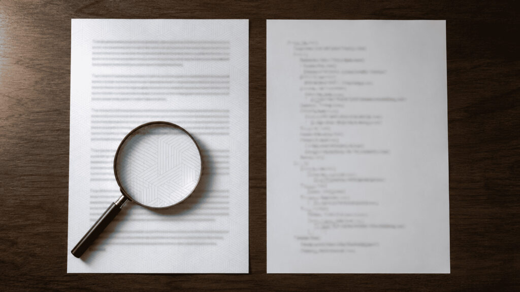 Two printed pages on a desk, the prose page showing a faint blue watermark pattern under a magnifying glass while the printed code page beside it shows none