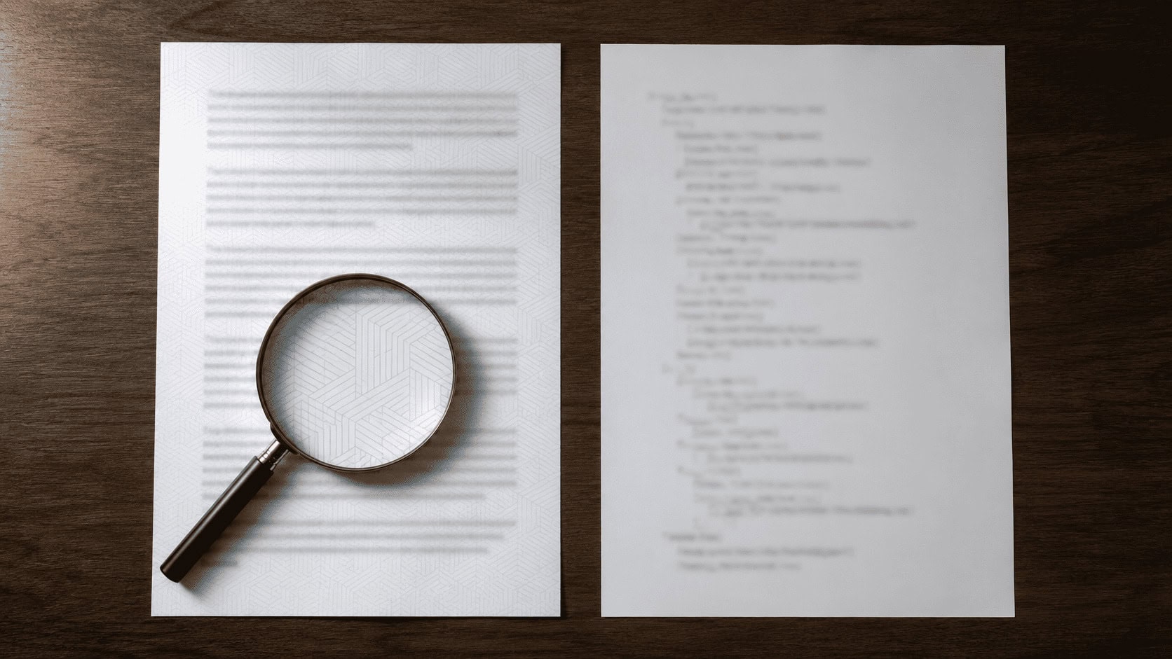 Two printed pages on a desk, the prose page showing a faint blue watermark pattern under a magnifying glass while the printed code page beside it shows none