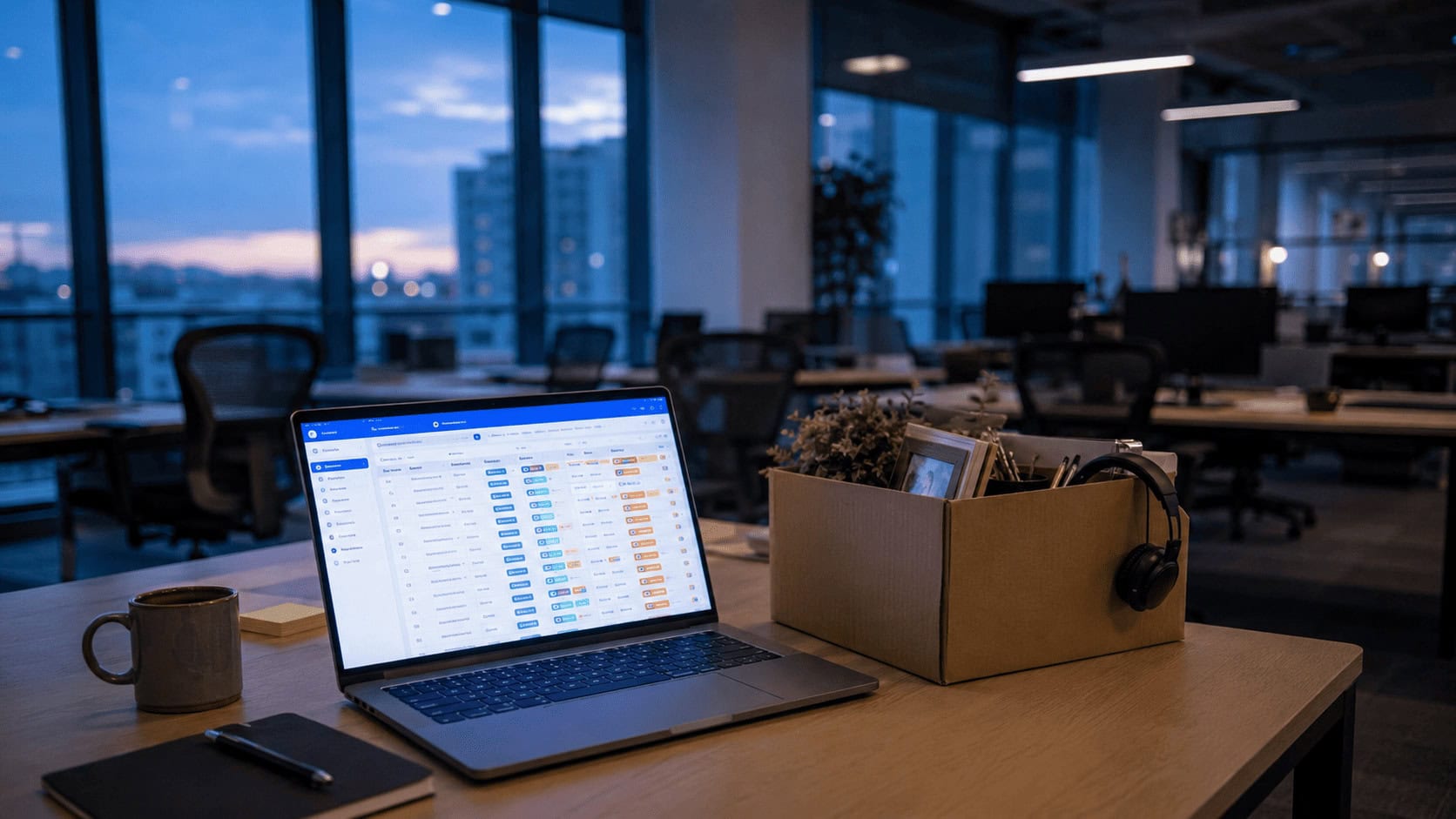Airtable's logo displayed on a laptop screen in a quiet office as an employee packs a desk, illustrating the company's sale to Bending Spoons.