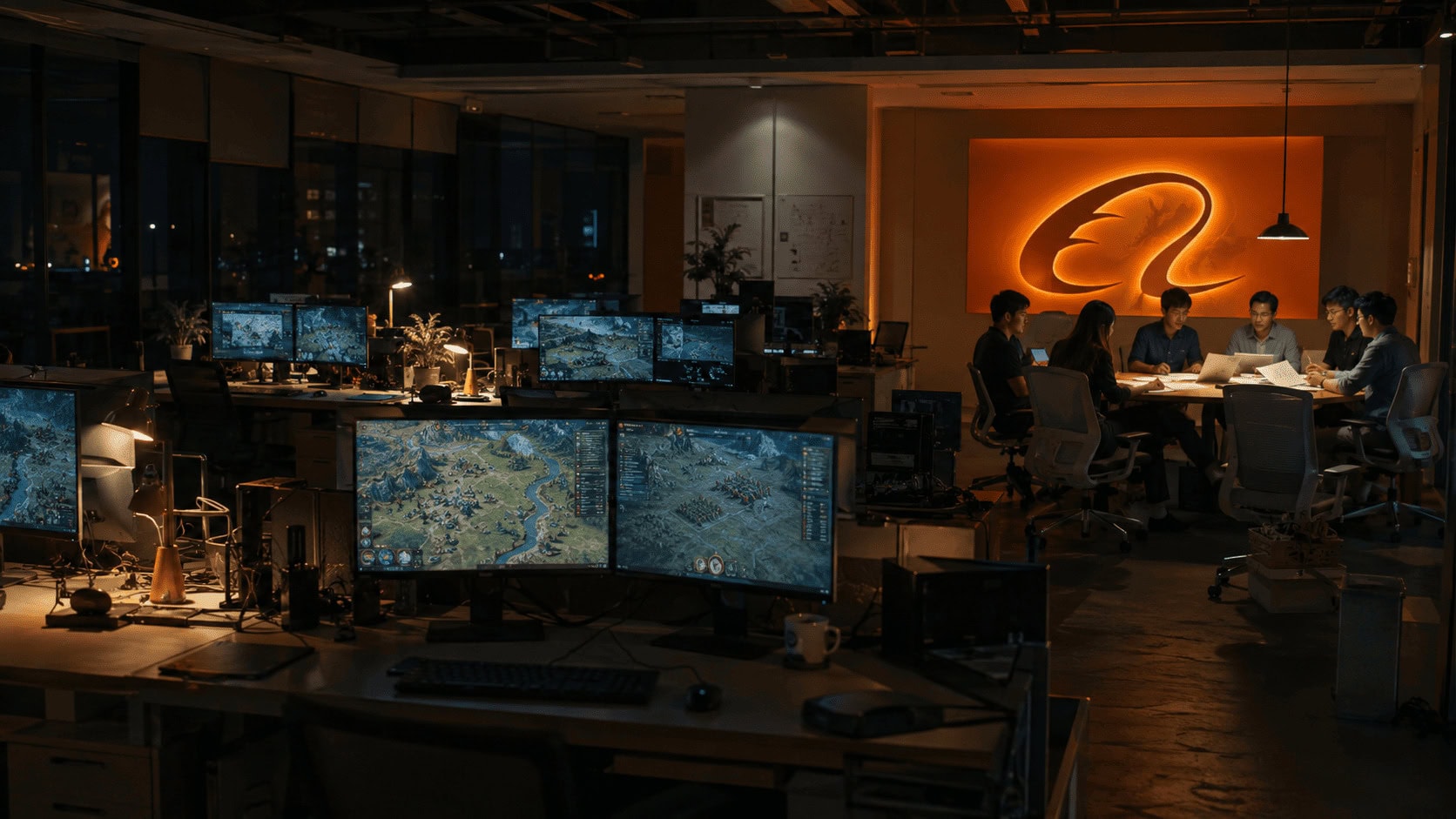 Empty Chinese mobile game studio at night with an Alibaba logo panel on the wall and a small group reviewing documents