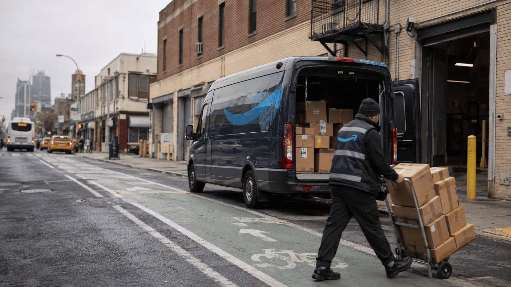 Amazon-branded delivery van parked on a New York City street beside a courier unloading packages onto a hand cart
