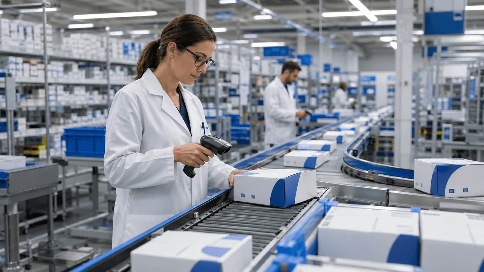 An Amazon Pharmacy fulfillment facility with branded prescription packages on a conveyor as a pharmacist scans an order.
