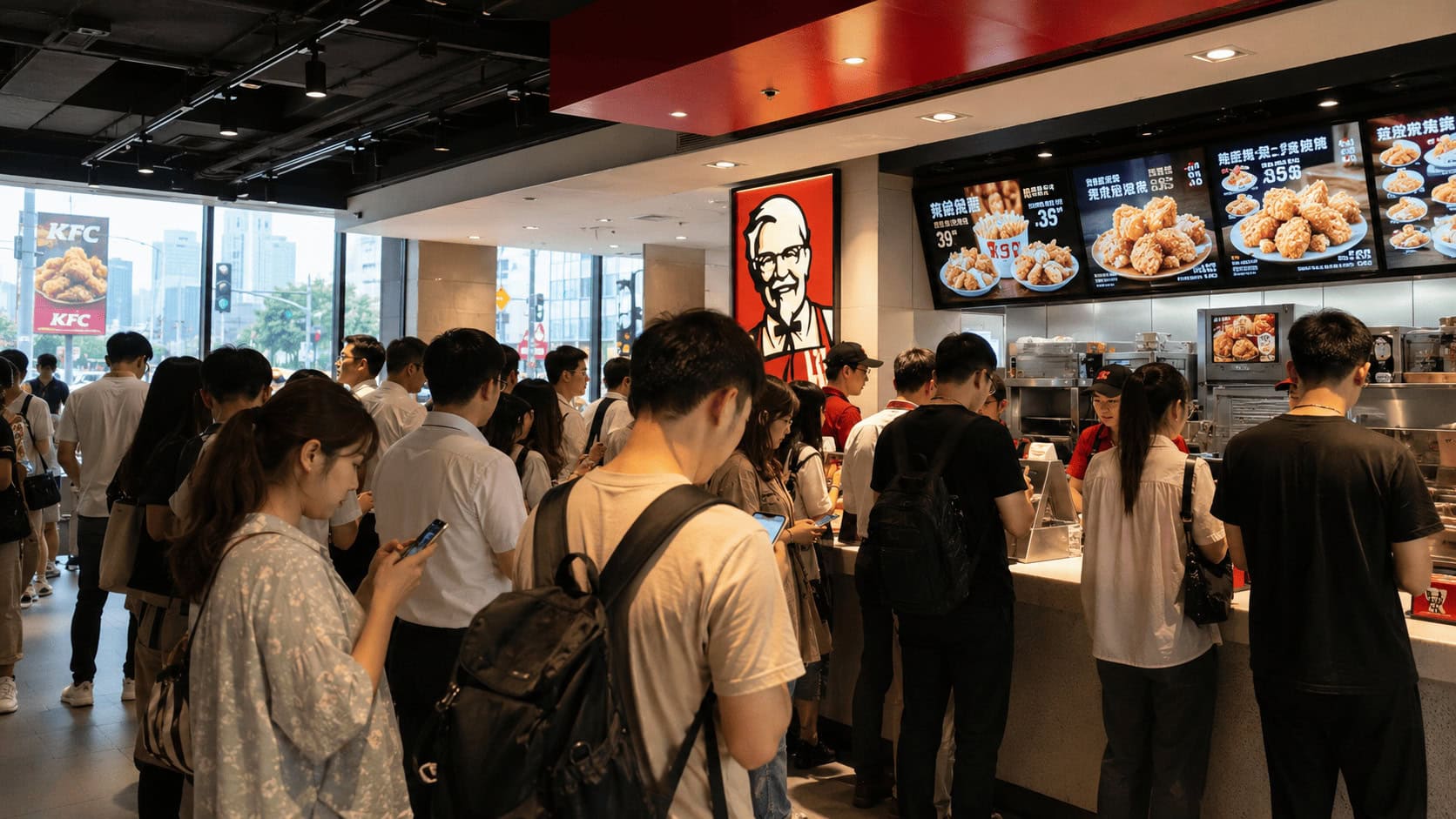 Customers ordering at a busy KFC counter in a Shanghai shopping district, with Chinese-language menu boards overhead