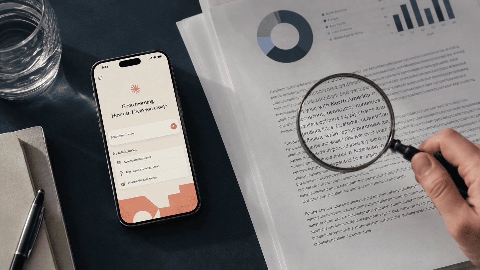 Anthropic logo on a smartphone screen beside a printed business report on a desk, with a magnifying glass held over the text