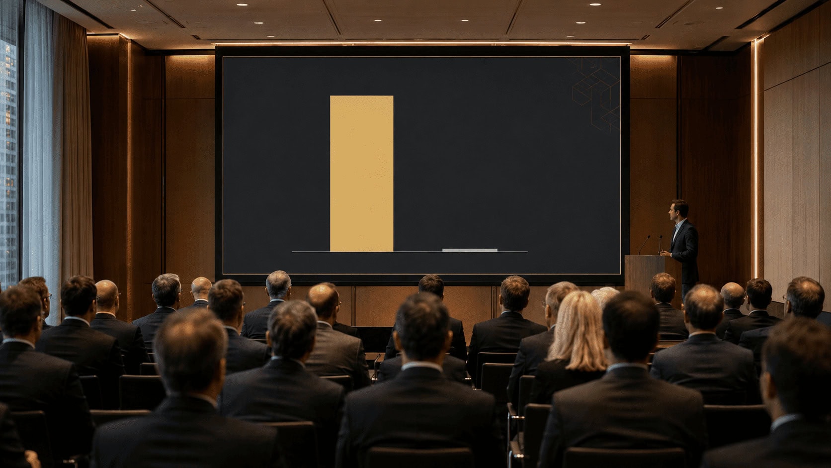 Investors seated at an IPO roadshow facing a screen showing one enormous bar next to a tiny one.