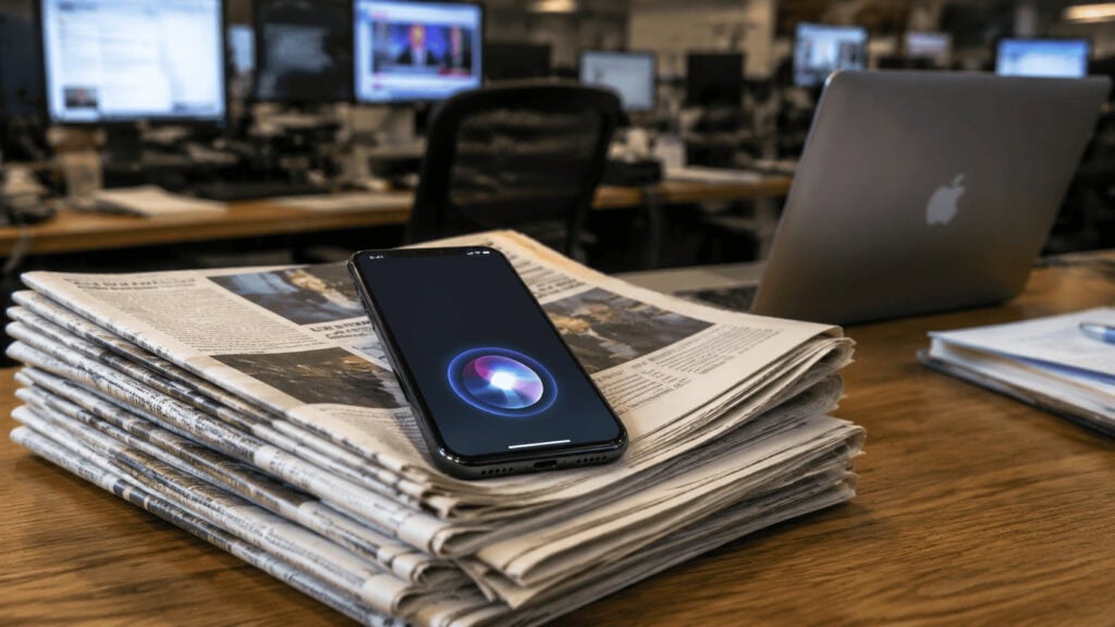 iPhone displaying the Siri interface resting on a stack of printed newspapers in a newsroom