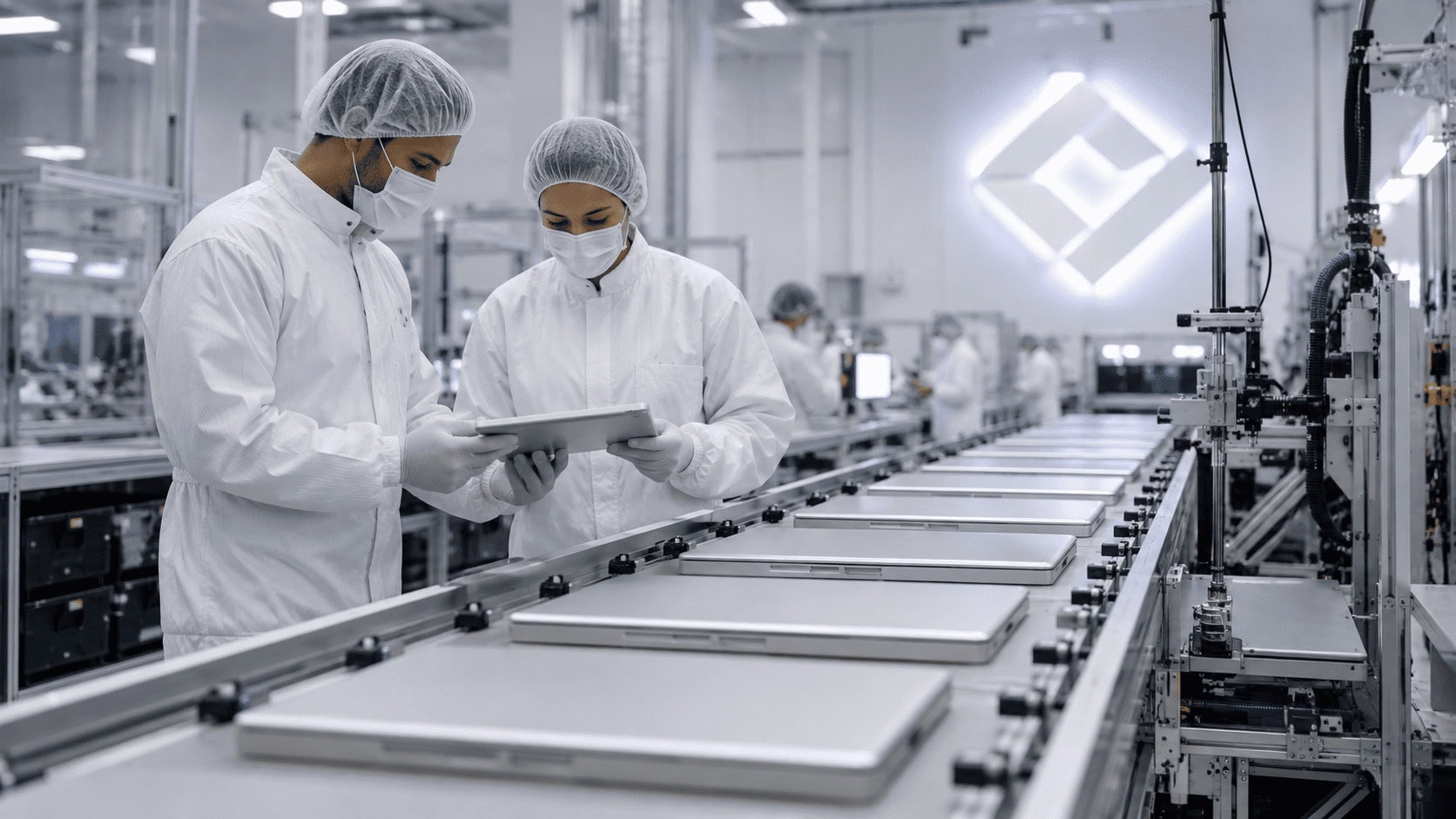 Workers in cleanroom coveralls inspecting aluminum laptop enclosures on a bright electronics assembly line