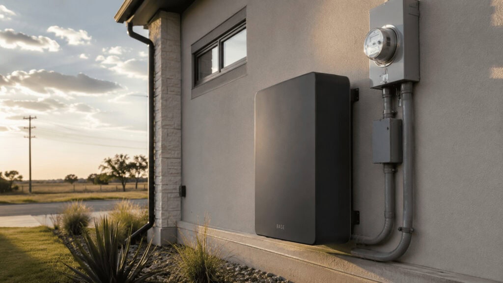 Base Power home battery unit mounted on the exterior wall of a suburban Texas home near the electric meter