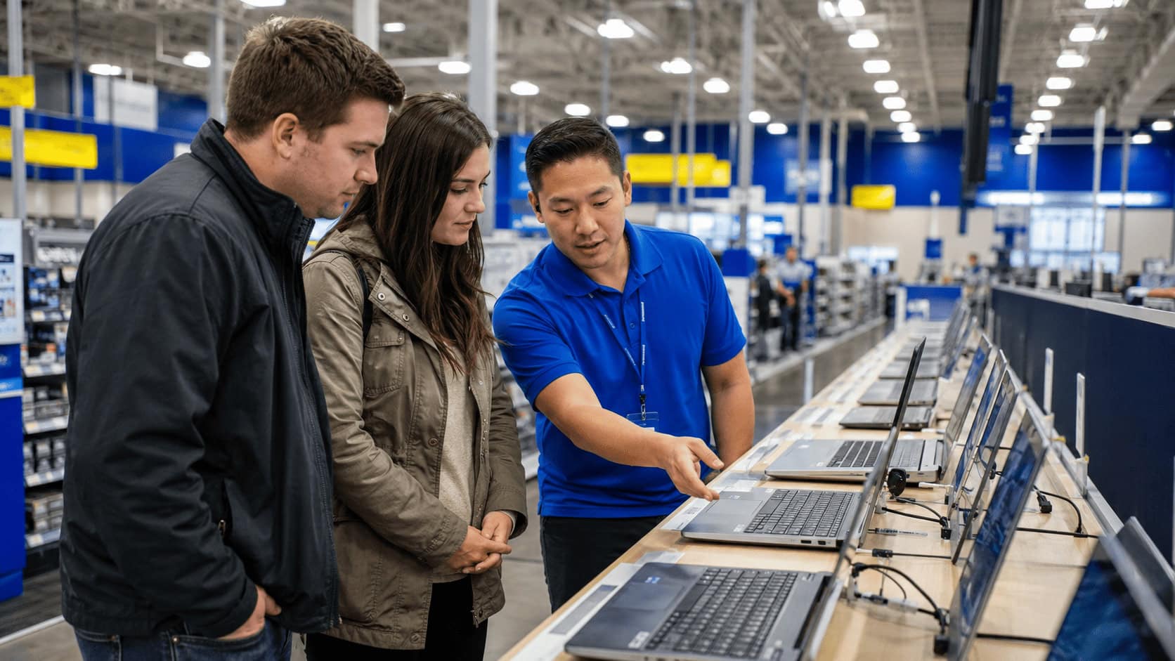Shoppers browsing laptops under Best Buy blue-and-yellow signage in a brightly lit computing department