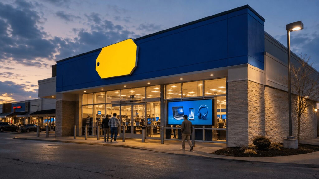A small-format Best Buy store with a digital advertising screen in the window at dusk