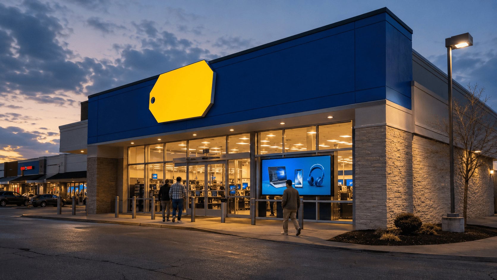 A small-format Best Buy store with a digital advertising screen in the window at dusk