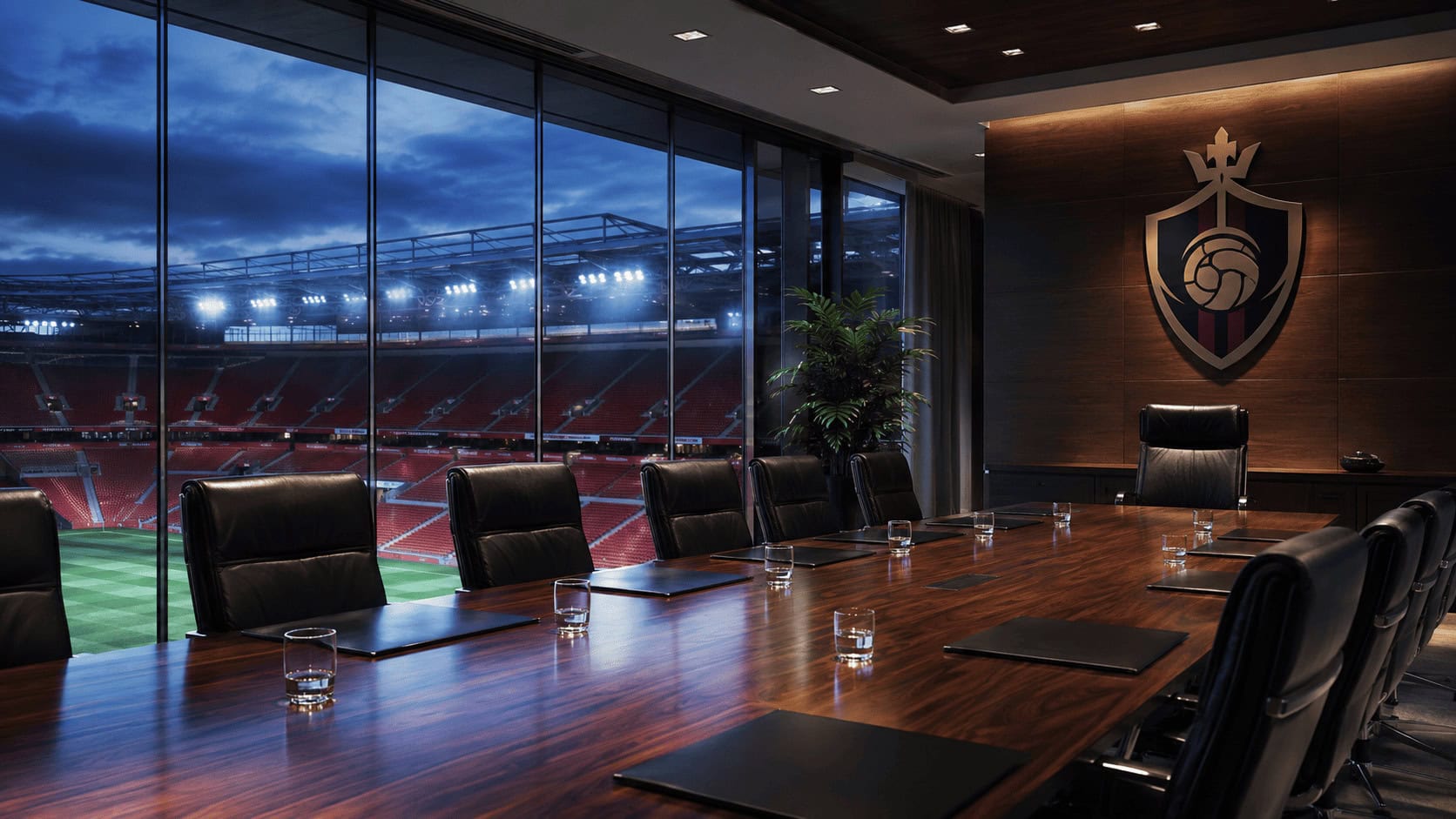 Empty chair at the head of a football club boardroom table overlooking a floodlit stadium of red seats at dusk.