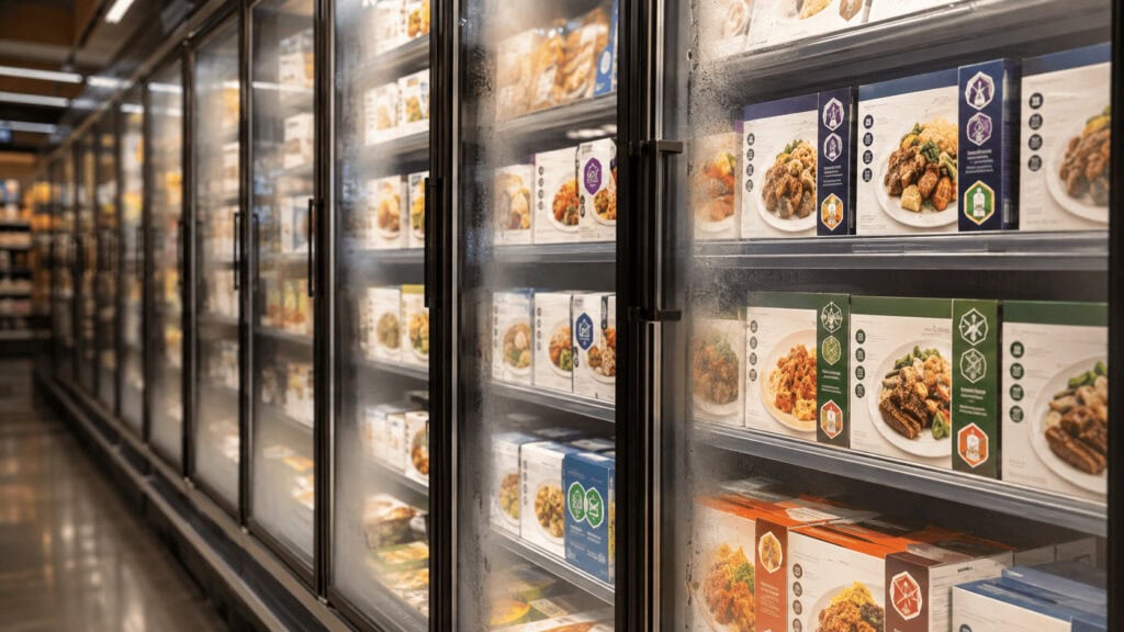 Frozen food aisle in a US supermarket with GLP-1 Friendly and high-protein badges visible on single-serve meal packaging