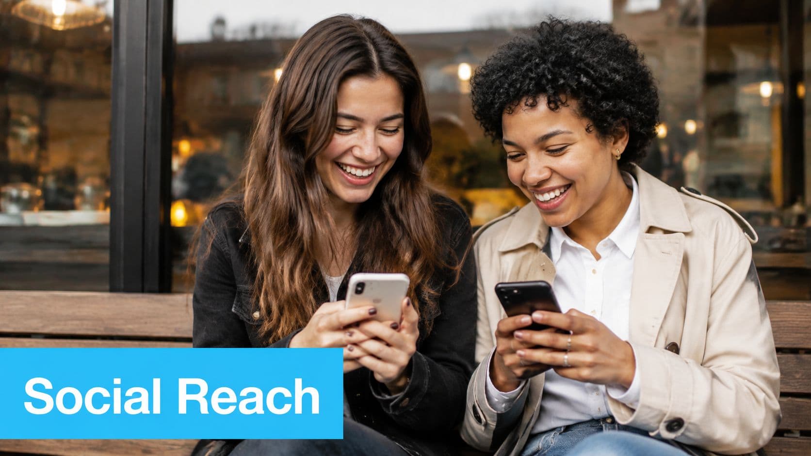 Two smiling women sitting together on a bench while looking at their individual smartphones outdoors