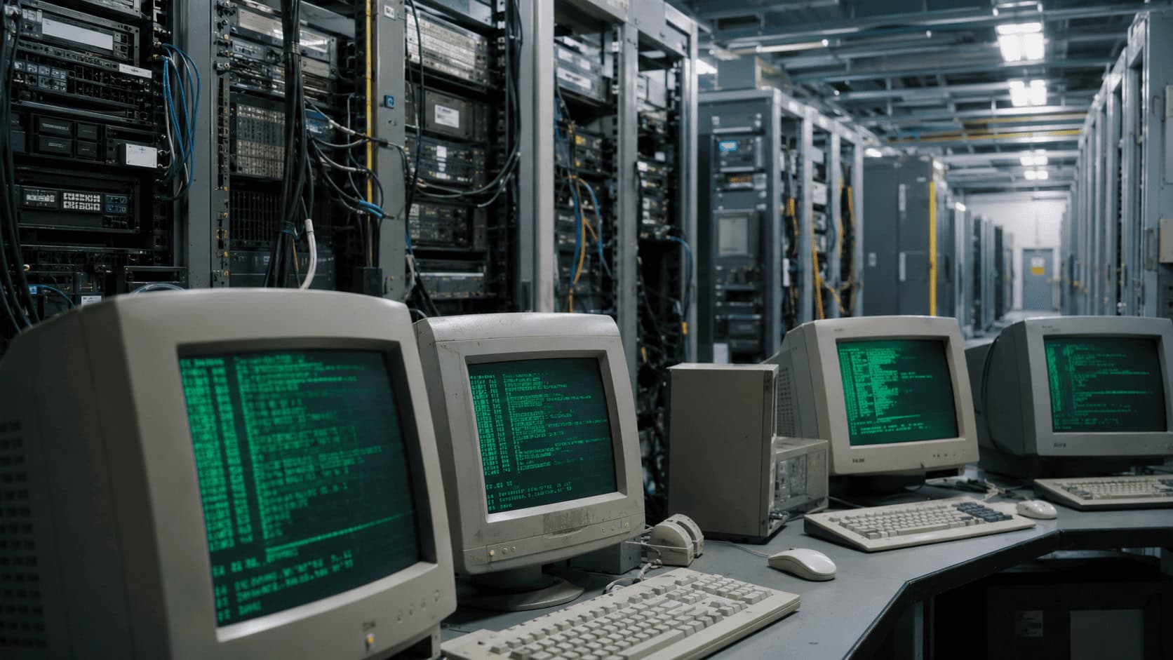 Rows of aging enterprise server racks in a corporate data center, with terminal screens displaying dense legacy source code