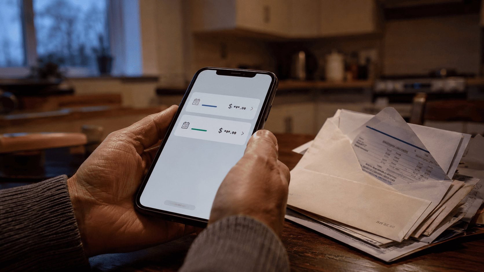 A tenant at a kitchen table paying a rent and electricity bill on a pay-later app, unopened utility envelopes stacked beside the phone