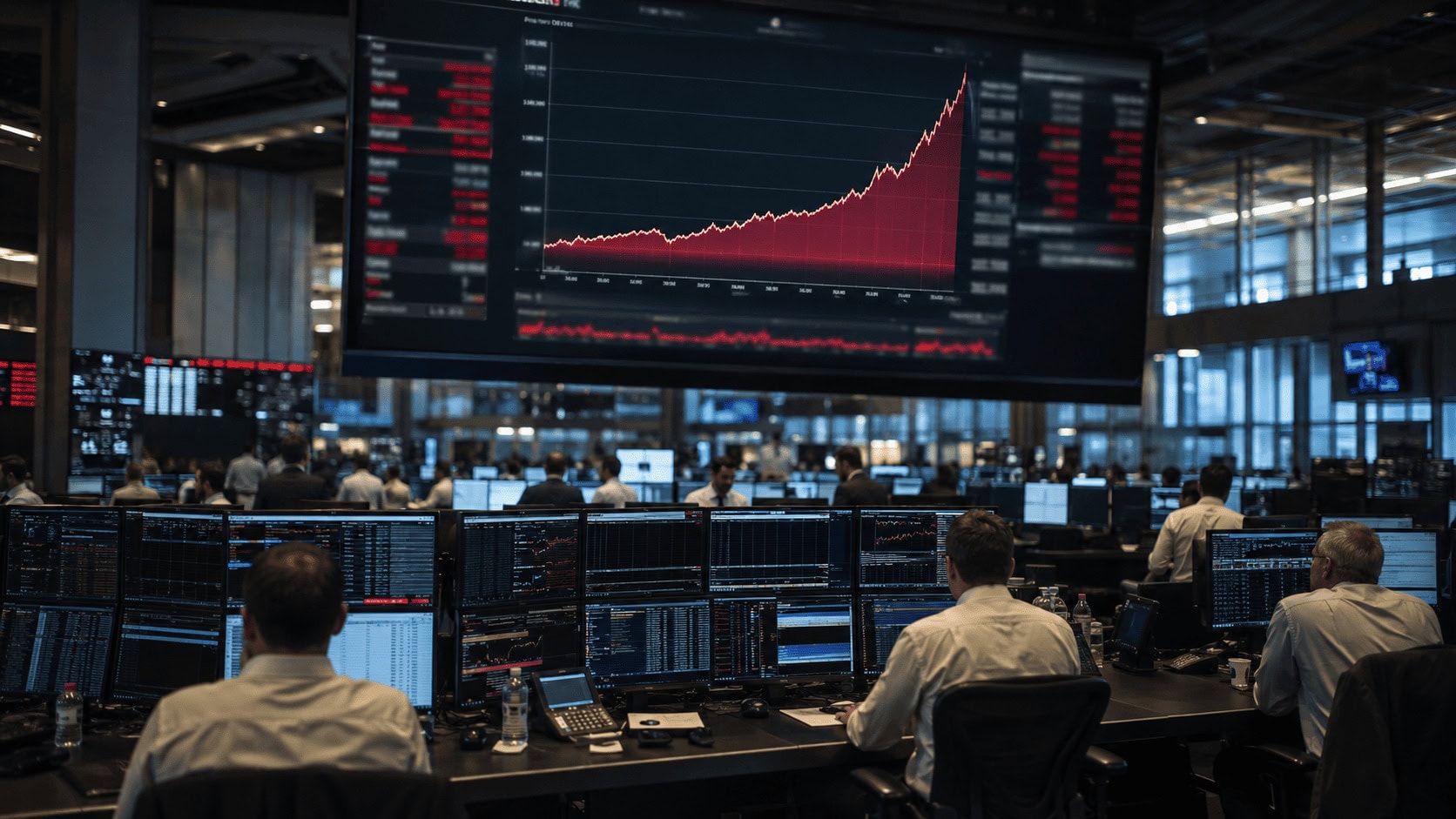 Traders on a bank dealing floor watching an overhead display showing a rising long-dated government bond yield curve.