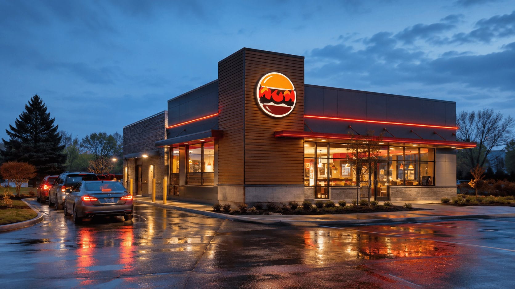 Exterior of a Burger King restaurant with an illuminated sign and cars queued at the drive-thru at dusk.