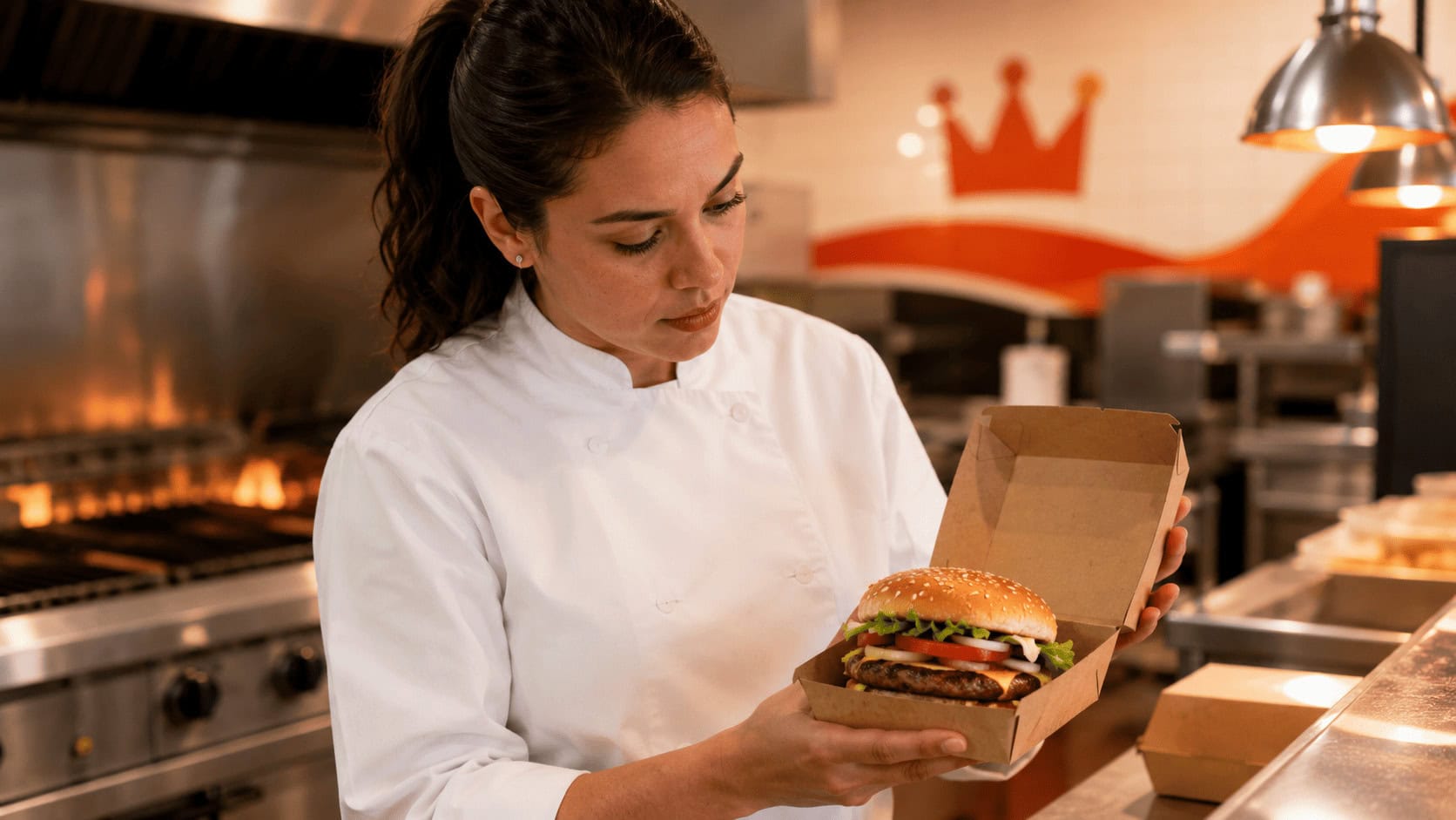 Chef in white coat inspecting a flame-grilled burger on a stainless steel prep line inside a fast food test kitchen