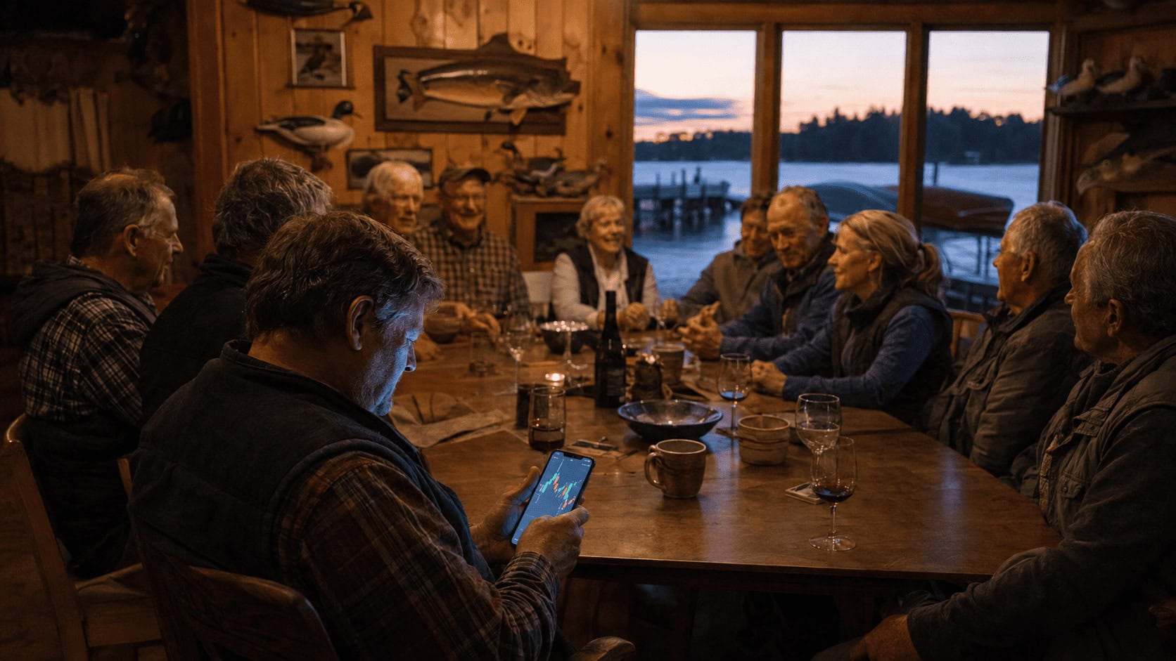 Finance professionals in casual outdoor clothing gather around a table in a wood-paneled Maine fishing lodge at dusk while one checks a stock chart on his phone.