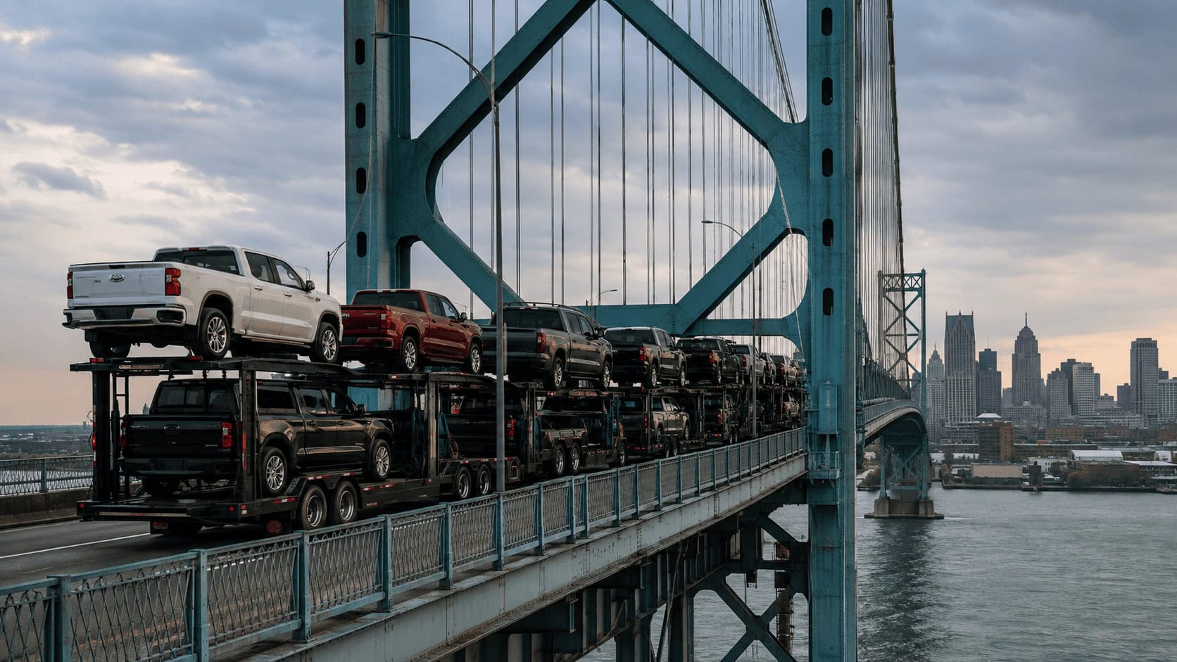 Transport trucks loaded with new pickup trucks crossing the Ambassador Bridge between Windsor, Ontario and Detroit, Michigan