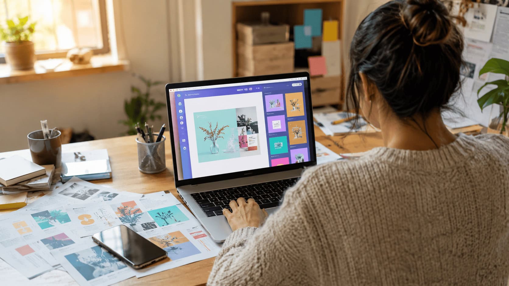 A small business owner designing marketing materials on a browser-based design platform at a home desk.