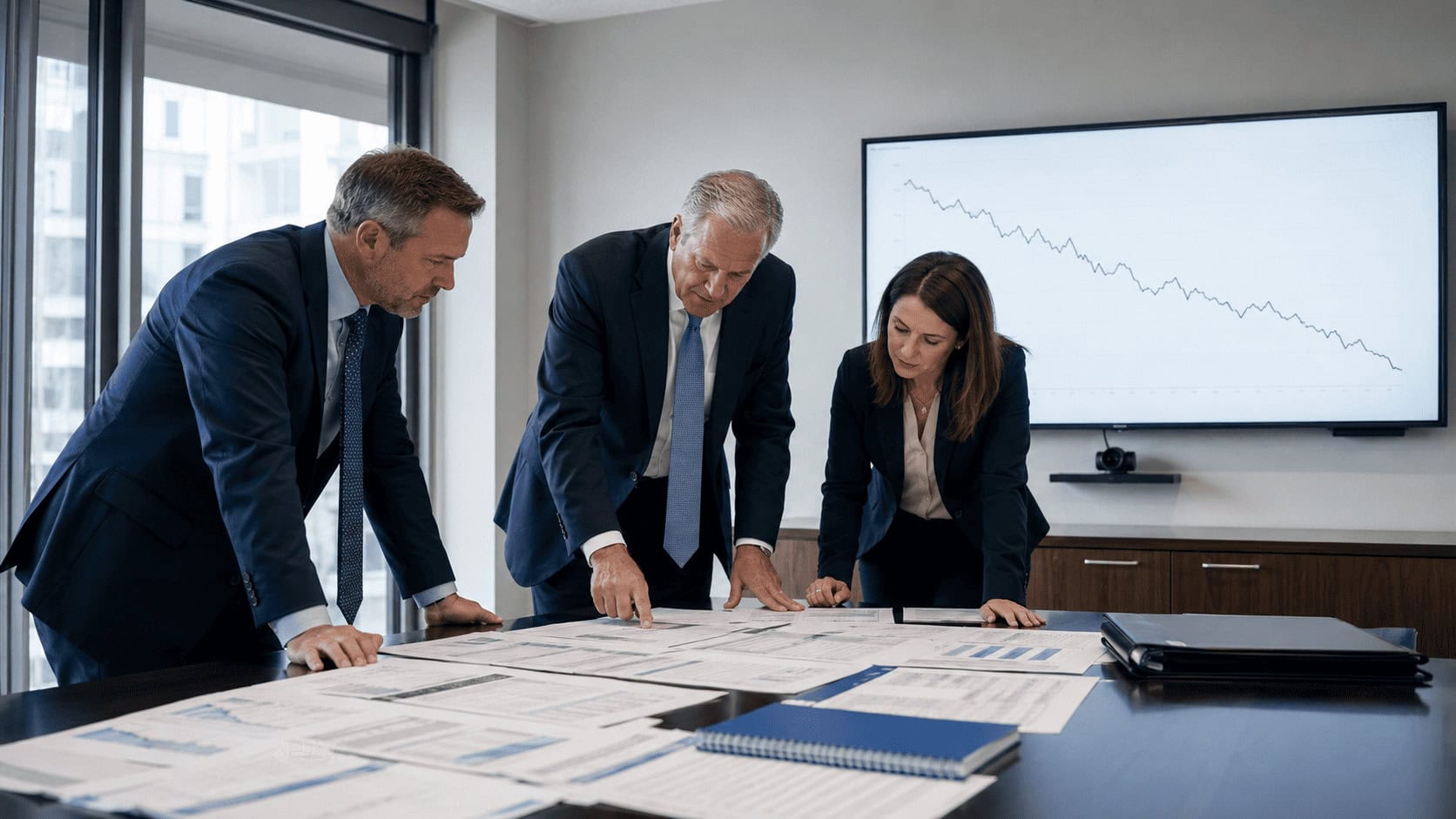 Corporate finance executives reviewing insurance program documents and loss-run reports in a boardroom