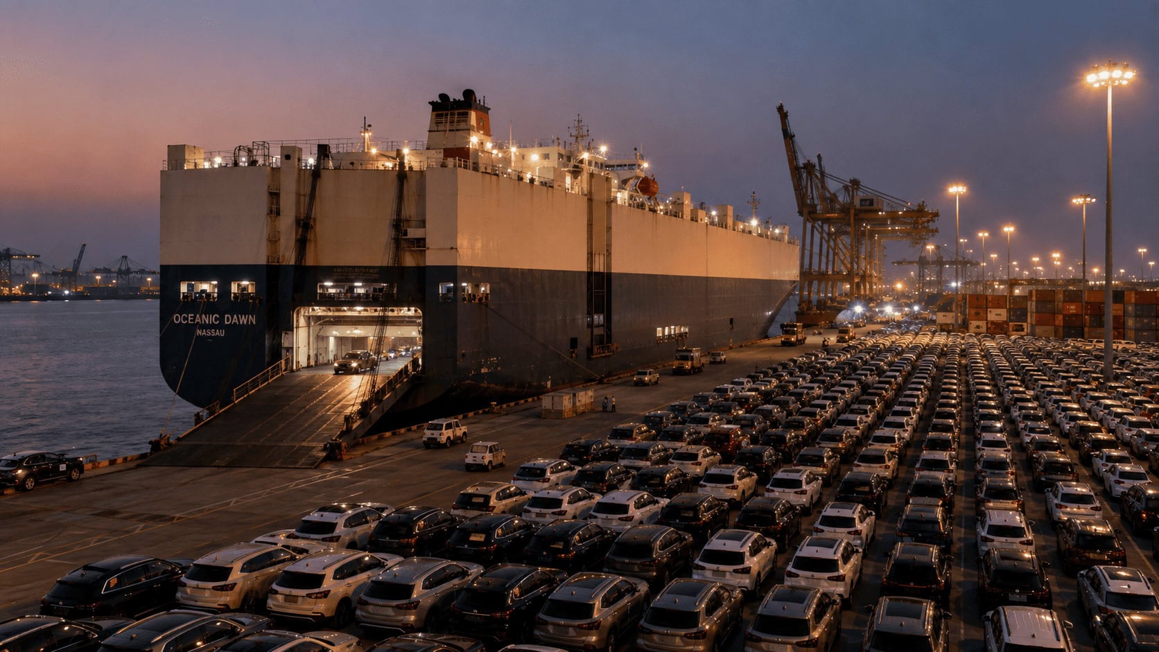 A large car carrier loading thousands of new vehicles at a Chinese export terminal at dusk, with container stacks behind the quay.