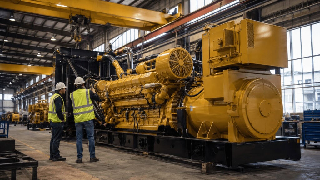 Workers assembling a large yellow Caterpillar diesel generator set on a factory floor