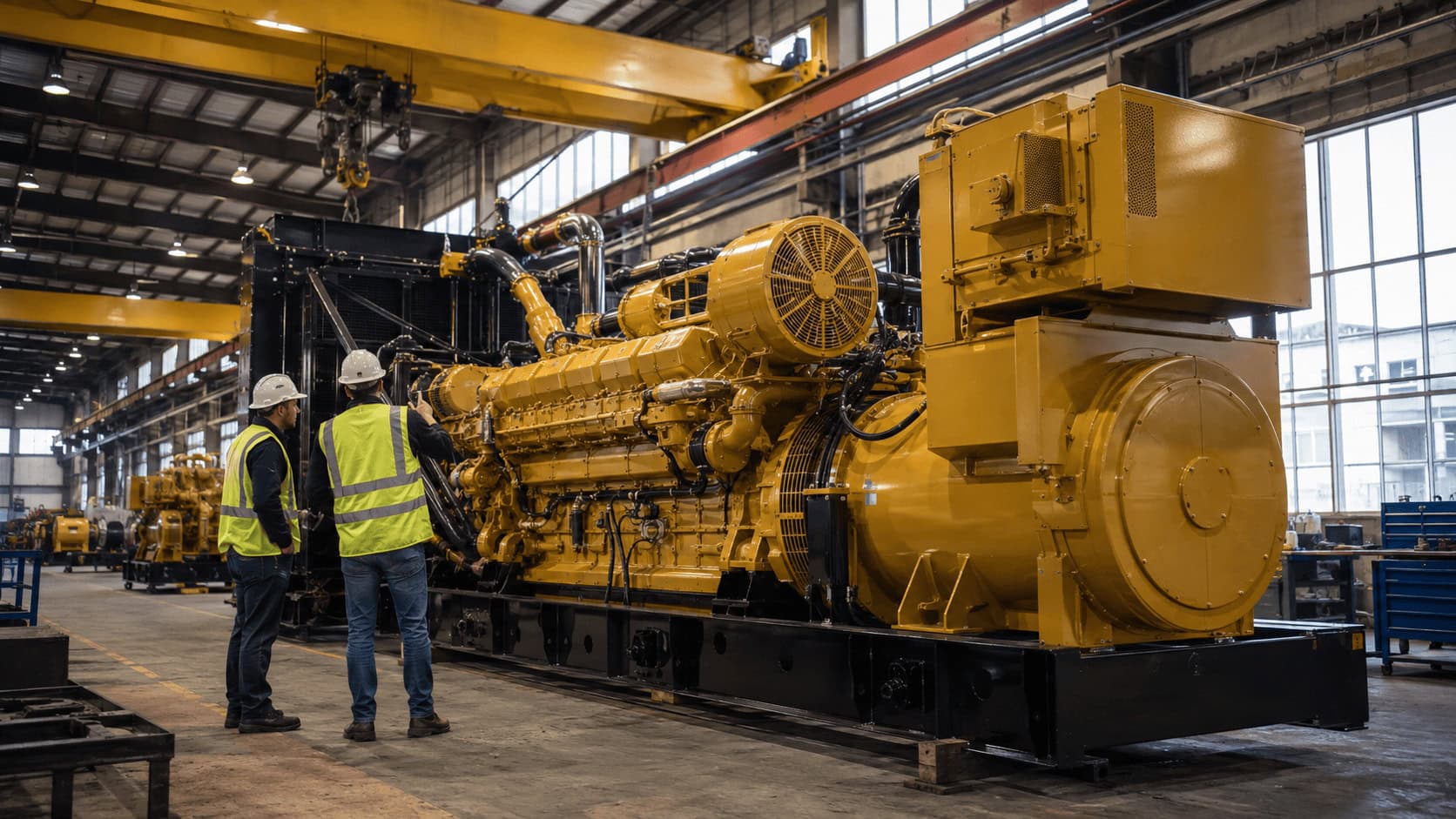 Workers assembling a large yellow Caterpillar diesel generator set on a factory floor