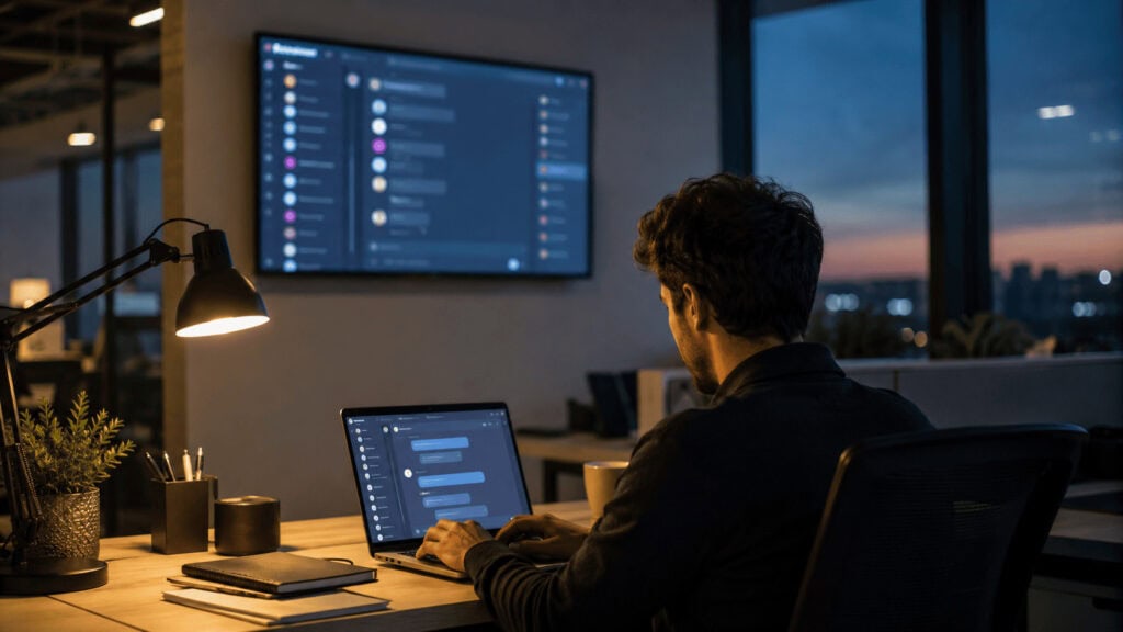 Employee typing in a private chat window while a wall display shows company-wide message channels.