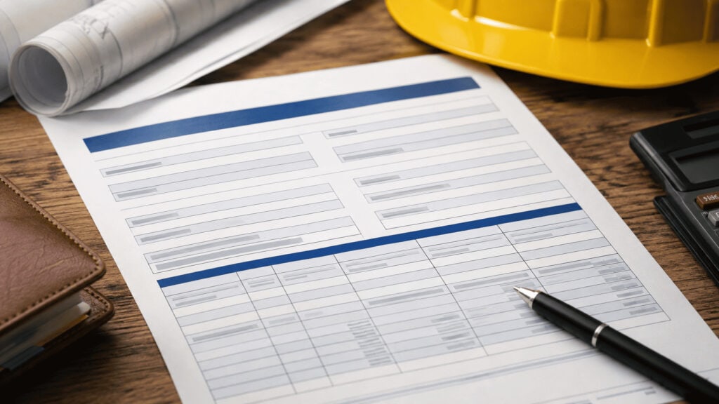 Commercial general liability declarations page on a contractor's desk showing per-occurrence and aggregate limits.