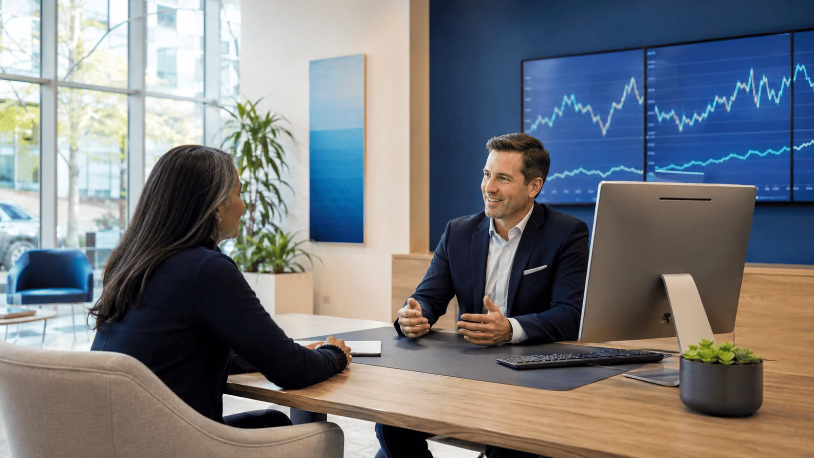 Charles Schwab branded retail branch interior with a client at a service desk and market screens on the wall