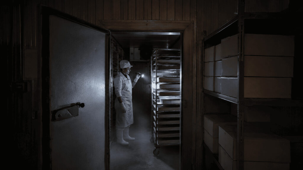 A baker checks racks of cake boxes inside a darkened commercial walk-in freezer during a power outage, lit only by a flashlight and emergency lighting.