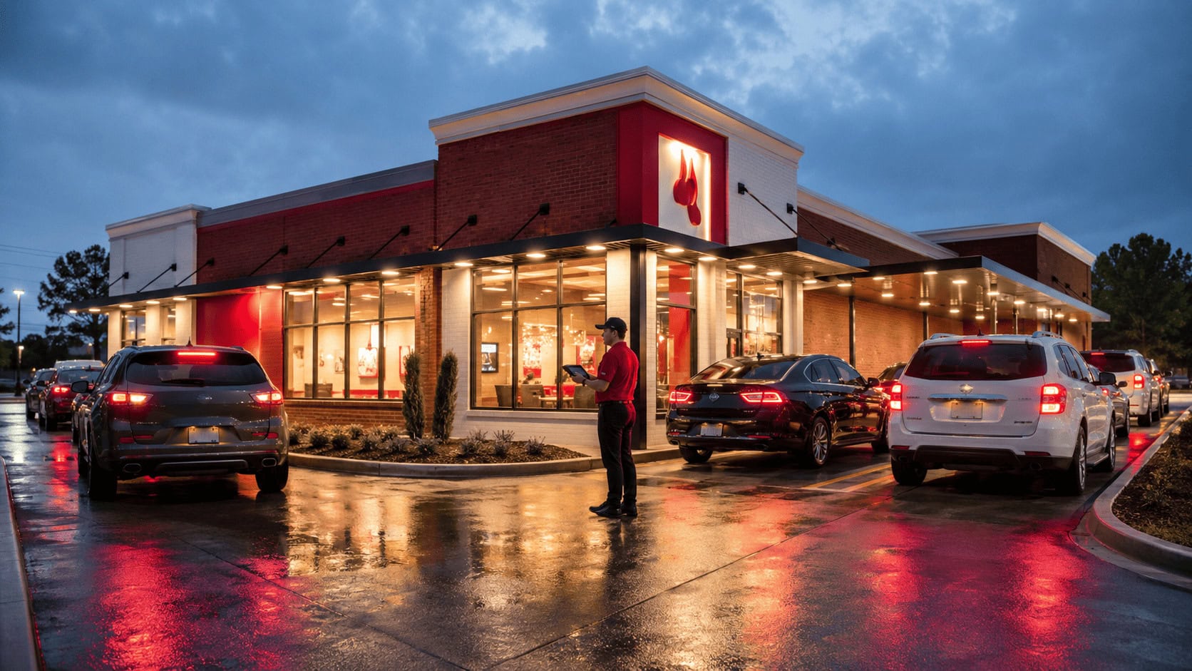 Chick-fil-A business model: a busy dual-lane drive-thru at a freestanding red brick Chick-fil-A restaurant at dusk