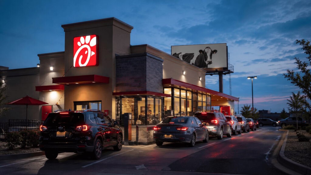 Chick-fil-A drive-thru at dusk with cars queued past an illuminated red restaurant sign and a cow billboard above the roofline