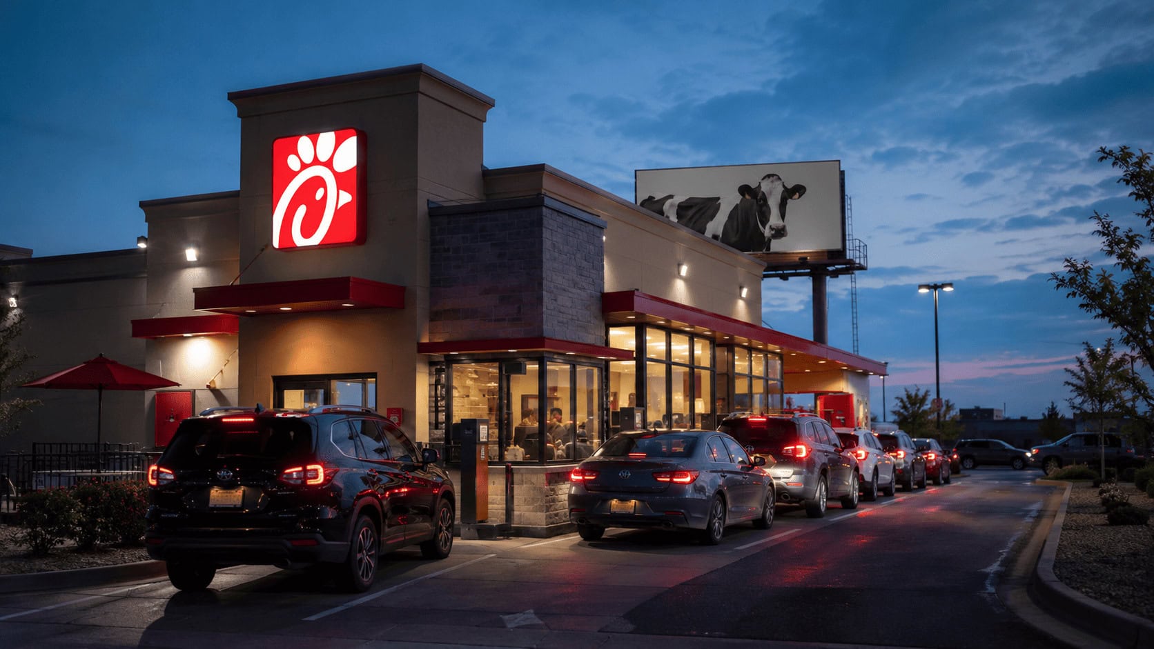 Chick-fil-A drive-thru at dusk with cars queued past an illuminated red restaurant sign and a cow billboard above the roofline