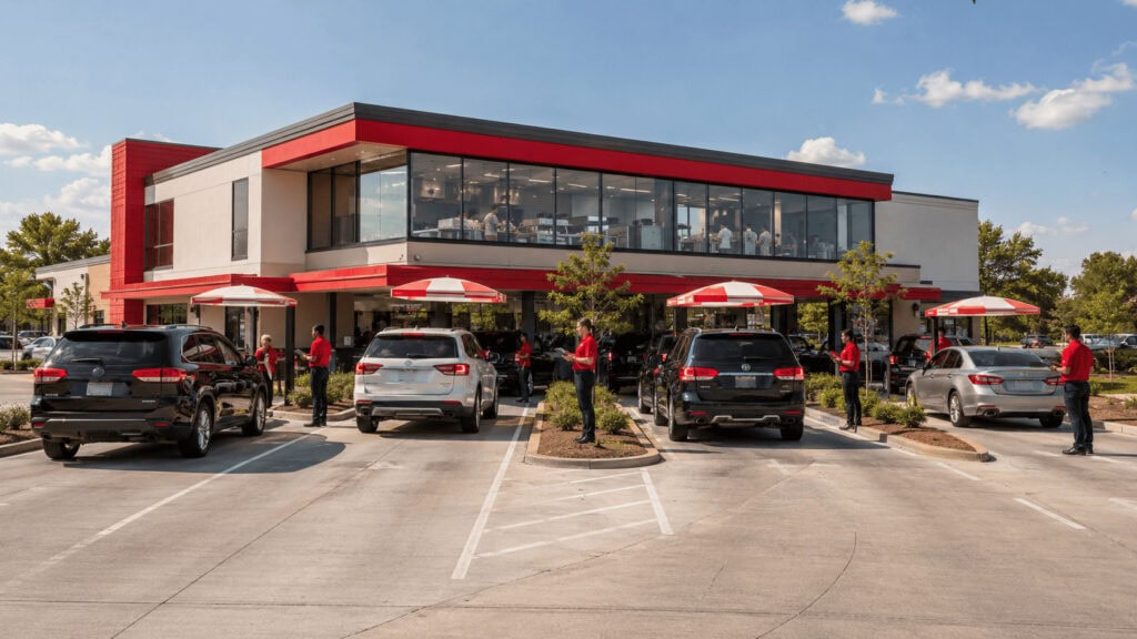 Four-lane Chick-fil-A drive-thru at midday with cars queued and employees taking orders on tablets in the lane
