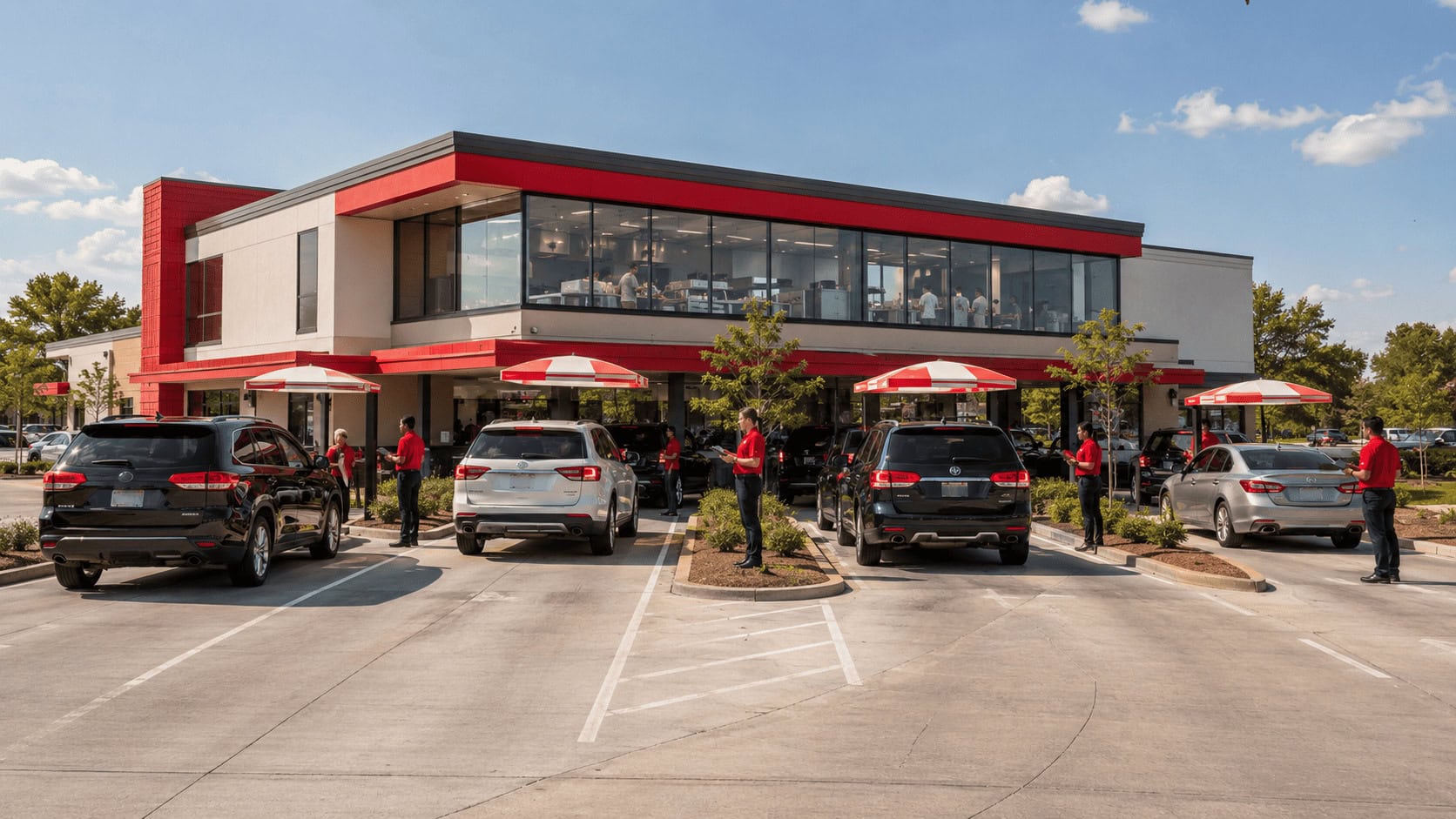 Four-lane Chick-fil-A drive-thru at midday with cars queued and employees taking orders on tablets in the lane