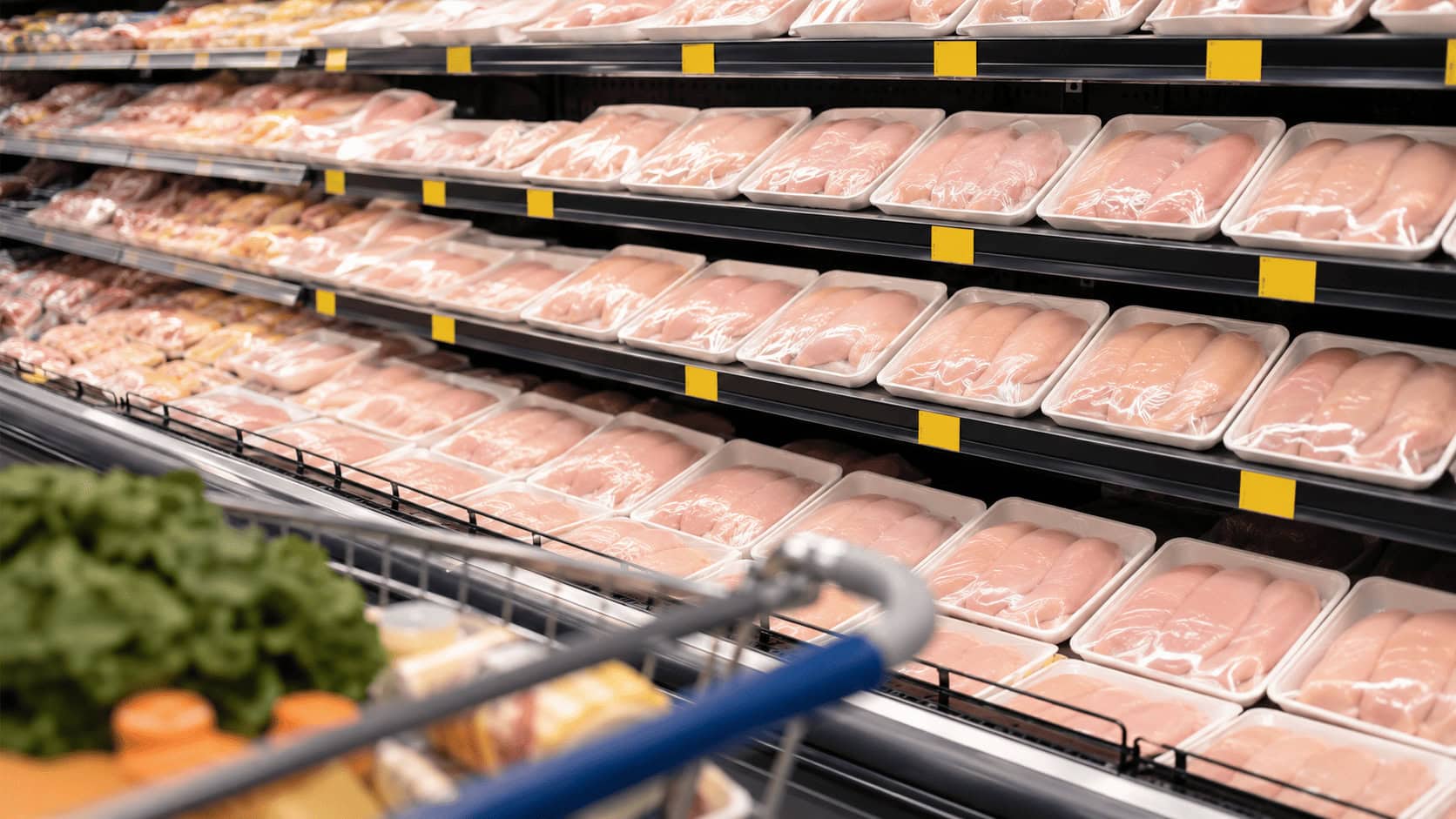 Supermarket refrigerated case stocked with packages of boneless chicken breast beneath promotional price tags.